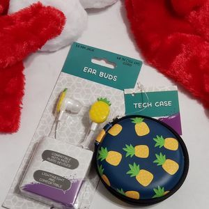 Pineapple Wired Earbuds 3.5mm plug Design and Matching Zip Case 2pc Set